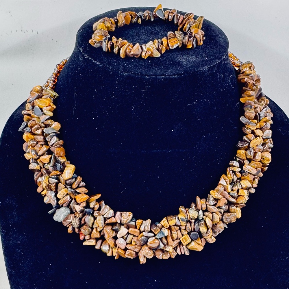 Chunky Brown Natural Tigers Eye Stone Necklace and Bracelet Set NWOT